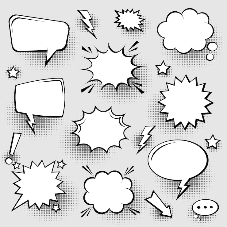 Vector collection of empty comic speech bubbles with halftone shadows hand drawn retro cartoon stickers pop