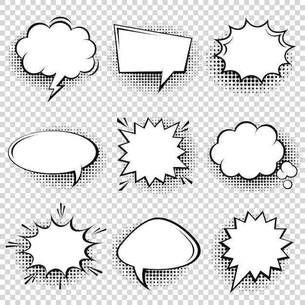 Vector collection of empty comic speech bubbles with halftone shadows hand drawn retro cartoon stickers pop