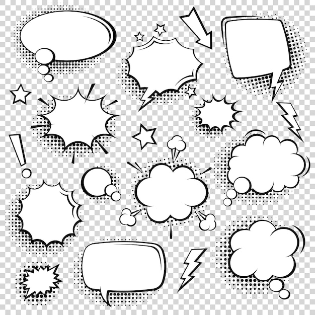 Collection of empty comic speech bubbles with halftone shadows hand drawn retro cartoon stickers pop