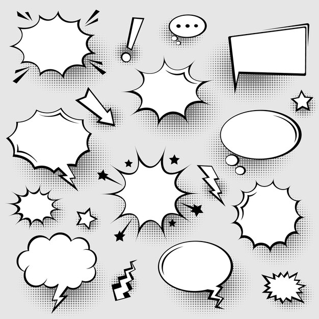 Collezione di vuote bolle di discorso comico con ombre a mezza tonalità disegnate a mano adesivi di cartoni animati retro pop