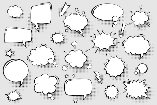 Collection of empty comic speech bubbles with halftone shadows hand drawn retro cartoon stickers pop