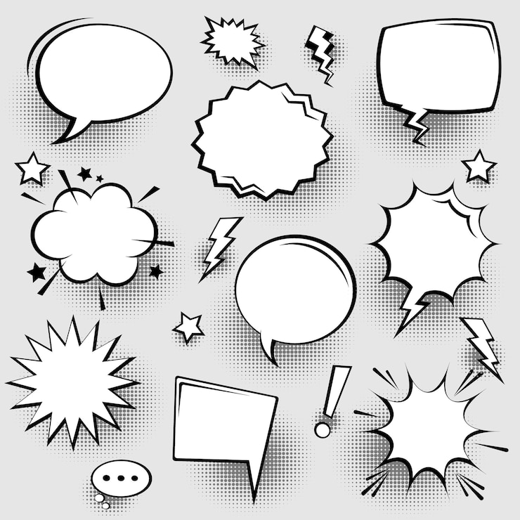 Vector collection of empty comic speech bubbles with halftone shadows hand drawn retro cartoon stickers pop