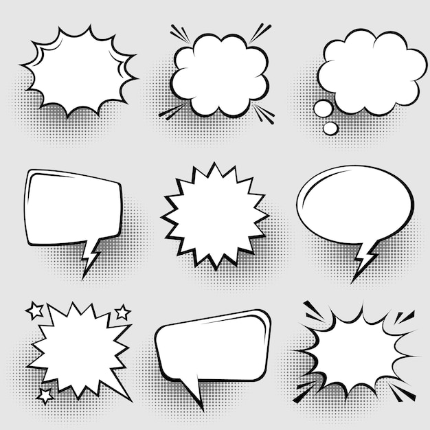 Collection of empty comic speech bubbles with halftone shadows hand drawn retro cartoon stickers pop