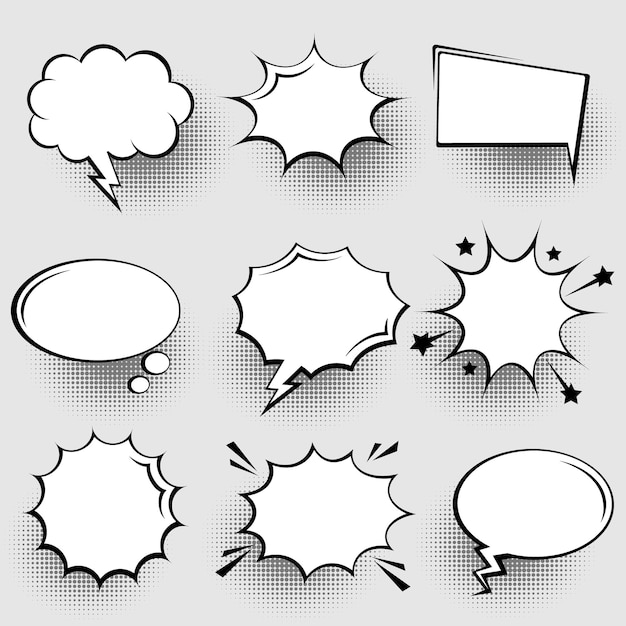 Vector collection of empty comic speech bubbles with halftone shadows hand drawn retro cartoon stickers pop