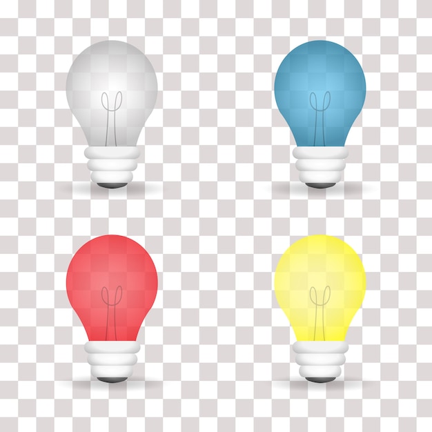 Collection of energy light bulb ideas white blue red and yellow transparent light bulbs transparent white background energy and idea symbol colorful light bulbsvector illustration