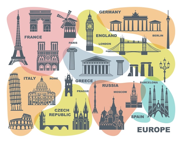 Collezione di sagome dettagliate in europa imposta l'illustrazione vettoriale dei punti di riferimento di viaggio