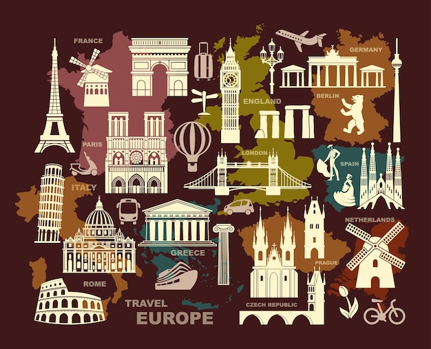 Vector collection of europe detailed silhouettes set travel landmarks vector illustration