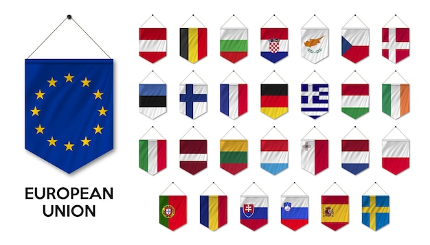 Vector collection european union flag  eu  and membership country waving pennant flags