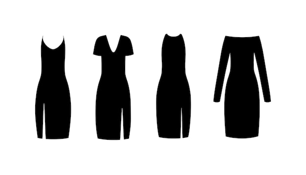 Collection of evening and cocktail dresses Little black dress Fashion silhouette apparel Vector Four women clothing