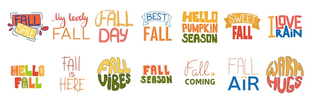 Collection of Fall lettering Hand draw Fall season slogan set Hello Fall Fall Vibes Warm Hugs