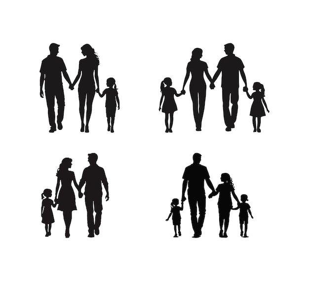 Vettore una raccolta di famiglie che si tengono per mano l'illustrazione vettoriale della silhouette su uno sfondo bianco
