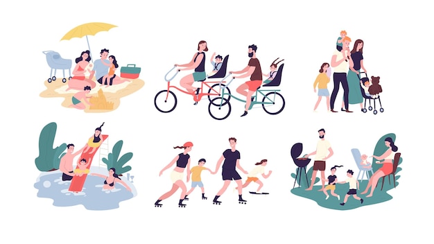 Vector collection of family outdoor recreational activities. mother, father and children sunbathing, riding bikes, walking, swimming, roller skating, preparing barbecue together. cartoon vector illustration.