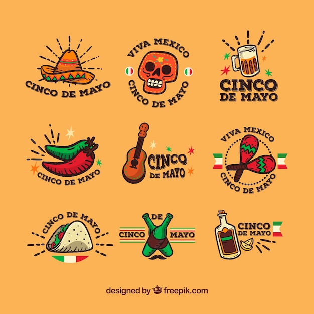 Vettore raccolta di fantastiche etichette in design piatto per il cinco de mayo