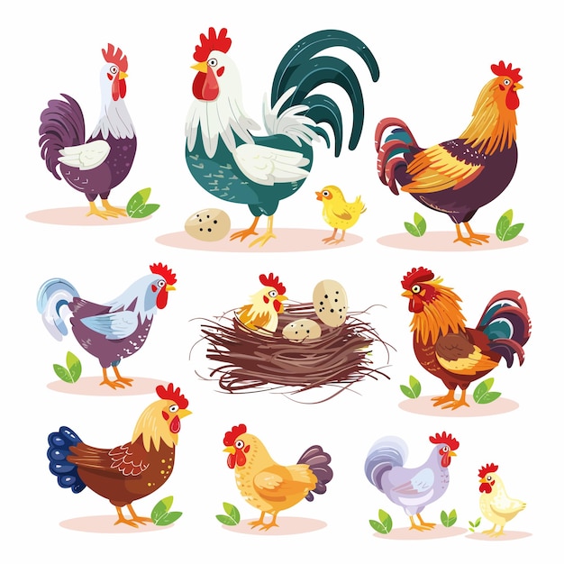 a collection of farm animals including a hen and a hen