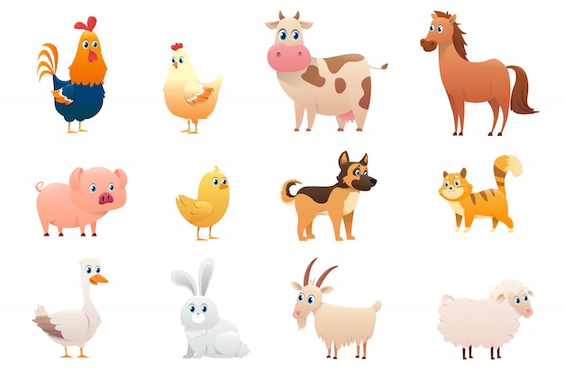 Vector collection of farm animals on a white