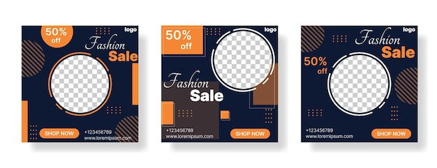 Коллекция баннеров модной распродажи для публикации в социальных сетях в темно-синем и оранжевом цвете векторной иллюстрации