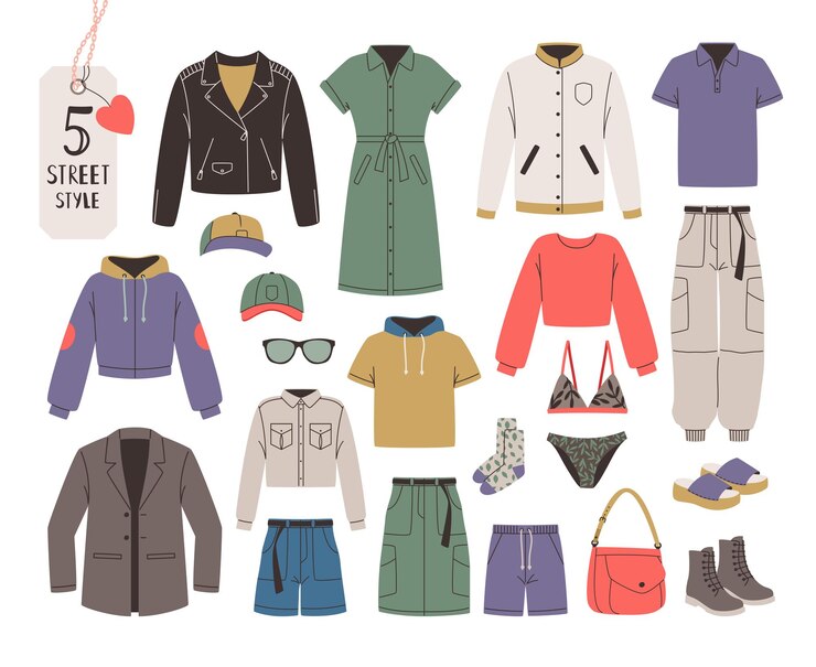 Vector ストリートスタイルのファッションの女性服装とアクセサリーのコレクション
