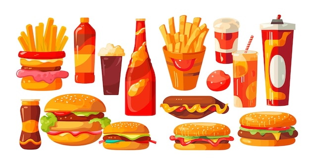 Collection fast food set on white background pizza burger cola french fries vector illustration