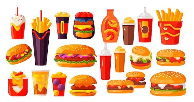 Vector collection fast food set on white background pizza burger cola french fries vector illustration