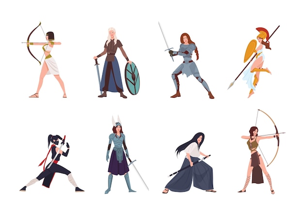 Vector collection of female warriors from scandinavian, greek, egyptian, asian mythology and history. set of women wearing armor and holding weapons isolated on white background. cartoon vector illustration.