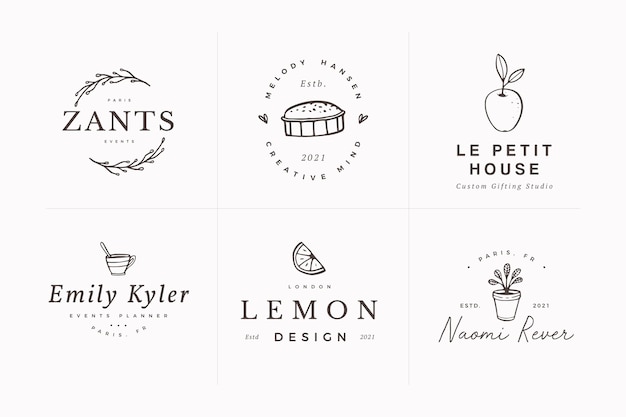 Collection of feminine hand drawn botanical logo design templates