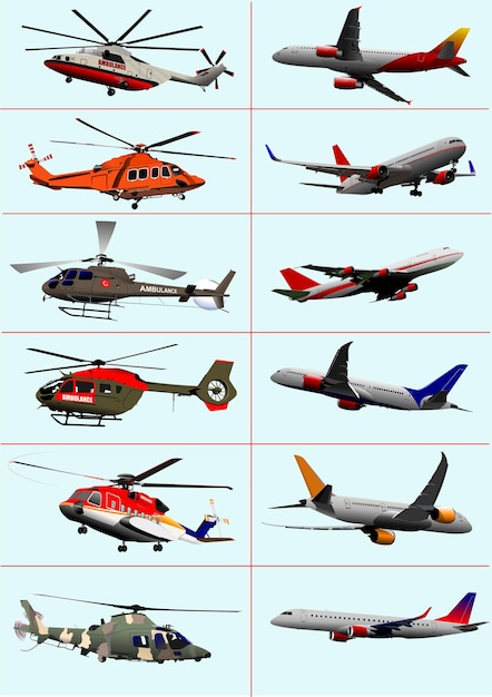 Vector collection of few kinds of aircraft on the air vector 3d illustration