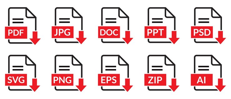 Vector collection of file format icons with download arrows