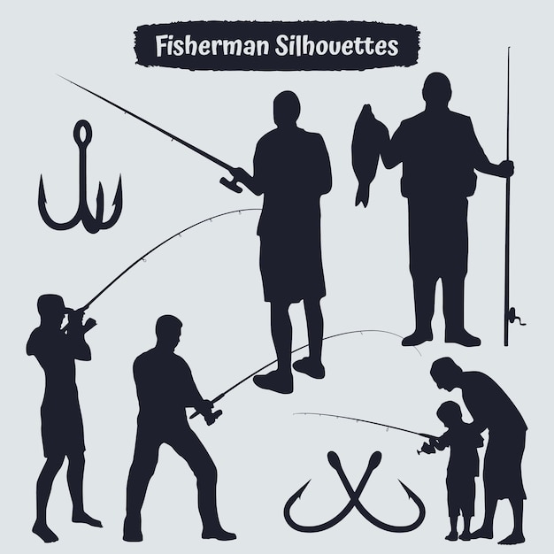 Коллекция силуэтов рыбака в разных позициях