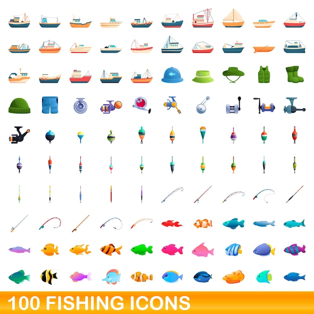 collection of fishing icons isolated on white