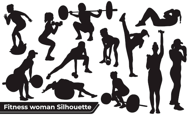 Vettore collezione di sagome di fitness woman in diverse posizioni