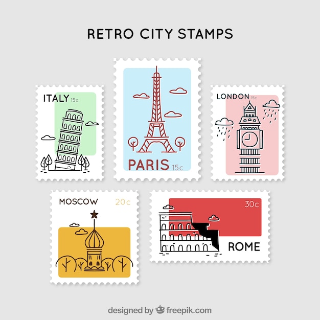 Vector collection of five city stamps