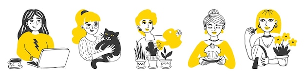 Коллекция из пяти ручных рисунков женщин, выполняющих домашнюю работу Векторная иллюстрация в желтом и черном цветах
