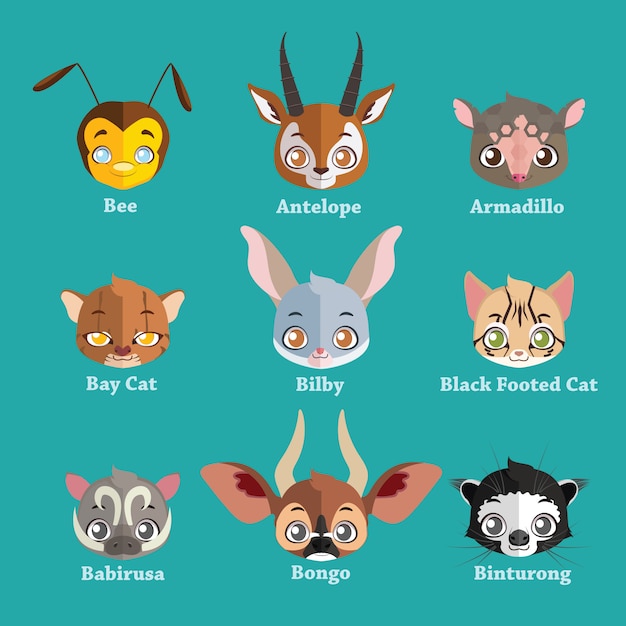 Vector collection of flat animal face avatars