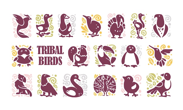коллекция плоских милых племенных птиц иконки amp орнамент на белом фоне экзотическая птица силуэт домашняя ферма лес северный amp тропик Хорошо для шаблона логотипа веб-дизайн шаблона