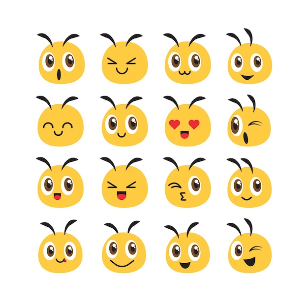 Collection of flat design bee head emoji in various expression