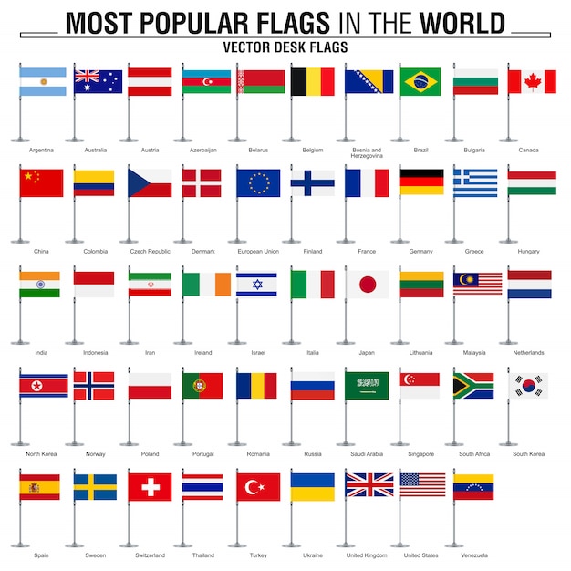 Collection of flat desk flags, most popular world flags