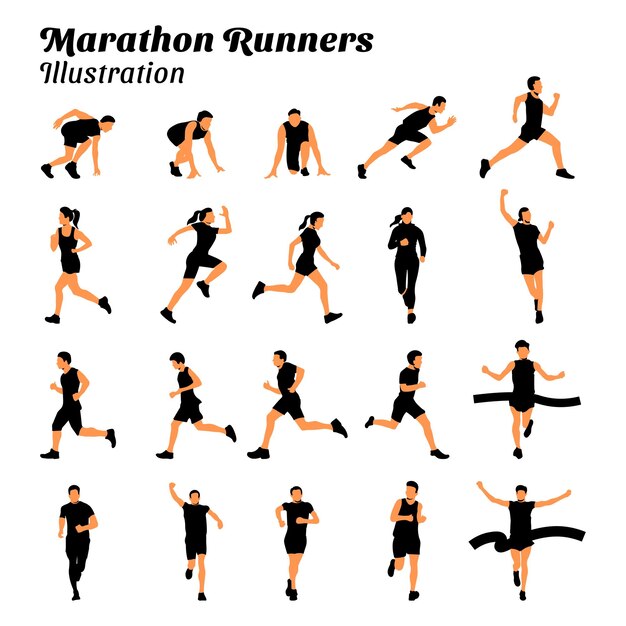 Collection of flat illustrations of marathon runners