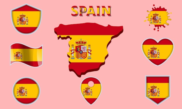 Vector collection of flat national flags of spain with map