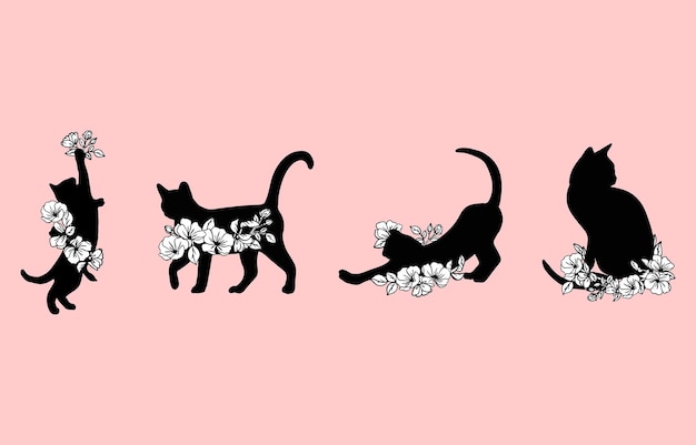 Collection of floral cat black and white illustrations vector