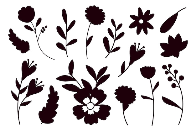 Collection of Flower and branches doodle isolated vector Silhouettes