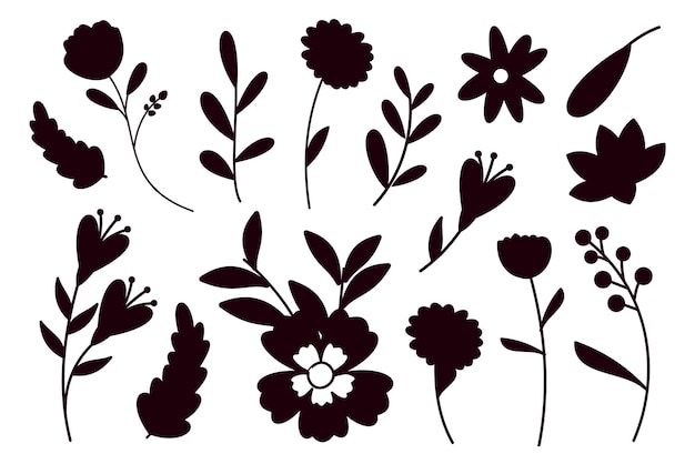 Collection of flower and branches doodle isolated vector silhouettes