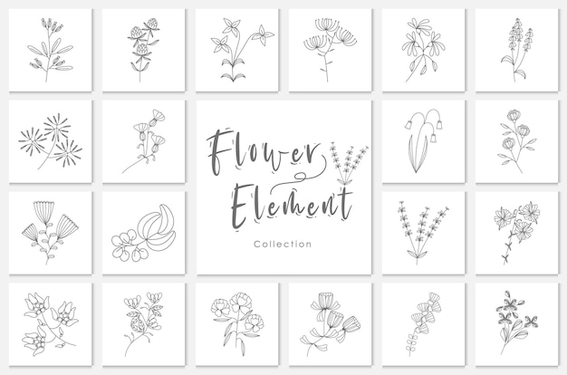 Collection flower pot element lineart illustration, plant, floral, doodle, hand drawn.