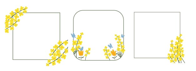 Collection flower square frame made of rapeseed handdrawn floral border with copy space yellow cartoon canola branch greeting card template invitations design element all objects are isolated