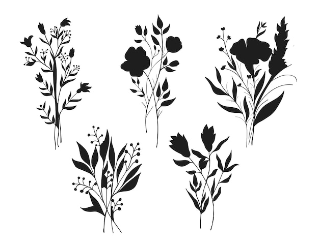 Collection of flowers elements set isolated vector silhouettes