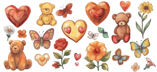 a collection of flowers hearts bears and butterflies