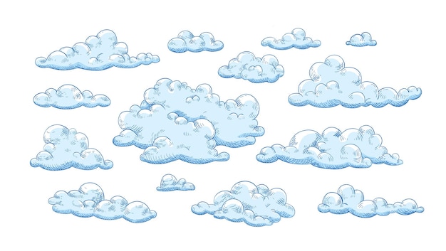 Collection of fluffy clouds of different shapes and sizes. Set of curly hand drawn cumulus isolated on white background. Beautiful sky view. Vector illustration.