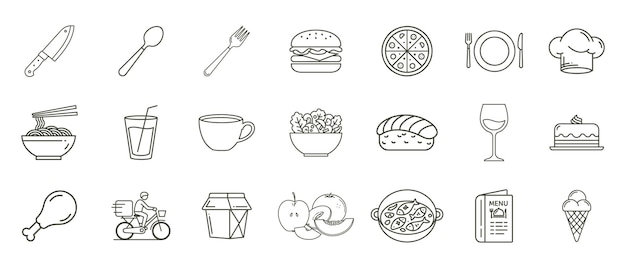 Collection of food and dining related outline icons arranged in a grid pattern on white background