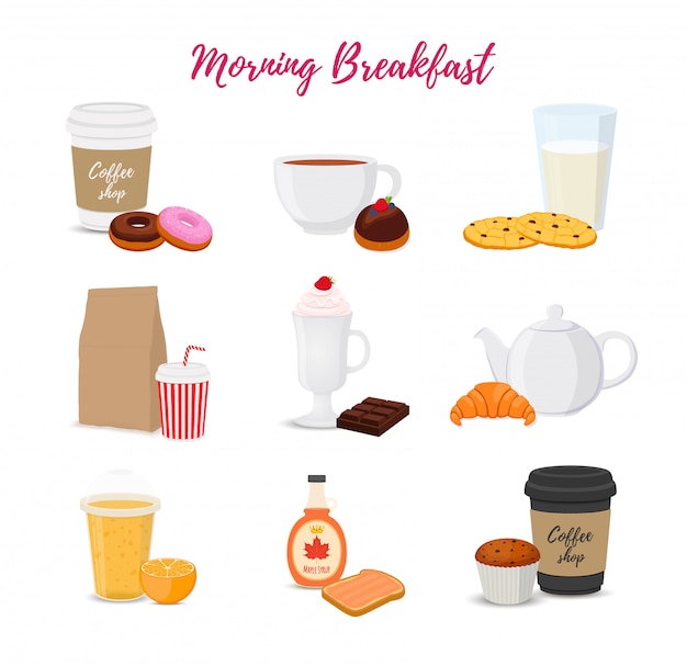 Vector collection of food, drinks for breakfast