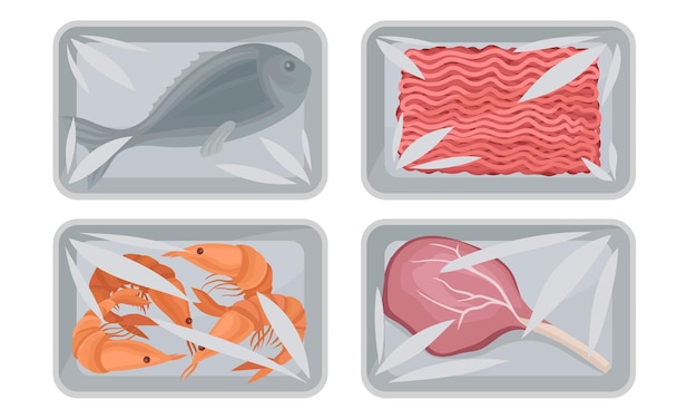 Vector collection of food plastic tray containers with transparent cellophane covers fresh minced meat