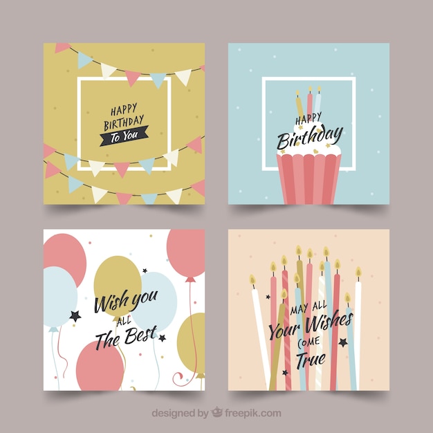collection of four colourful birthday cards